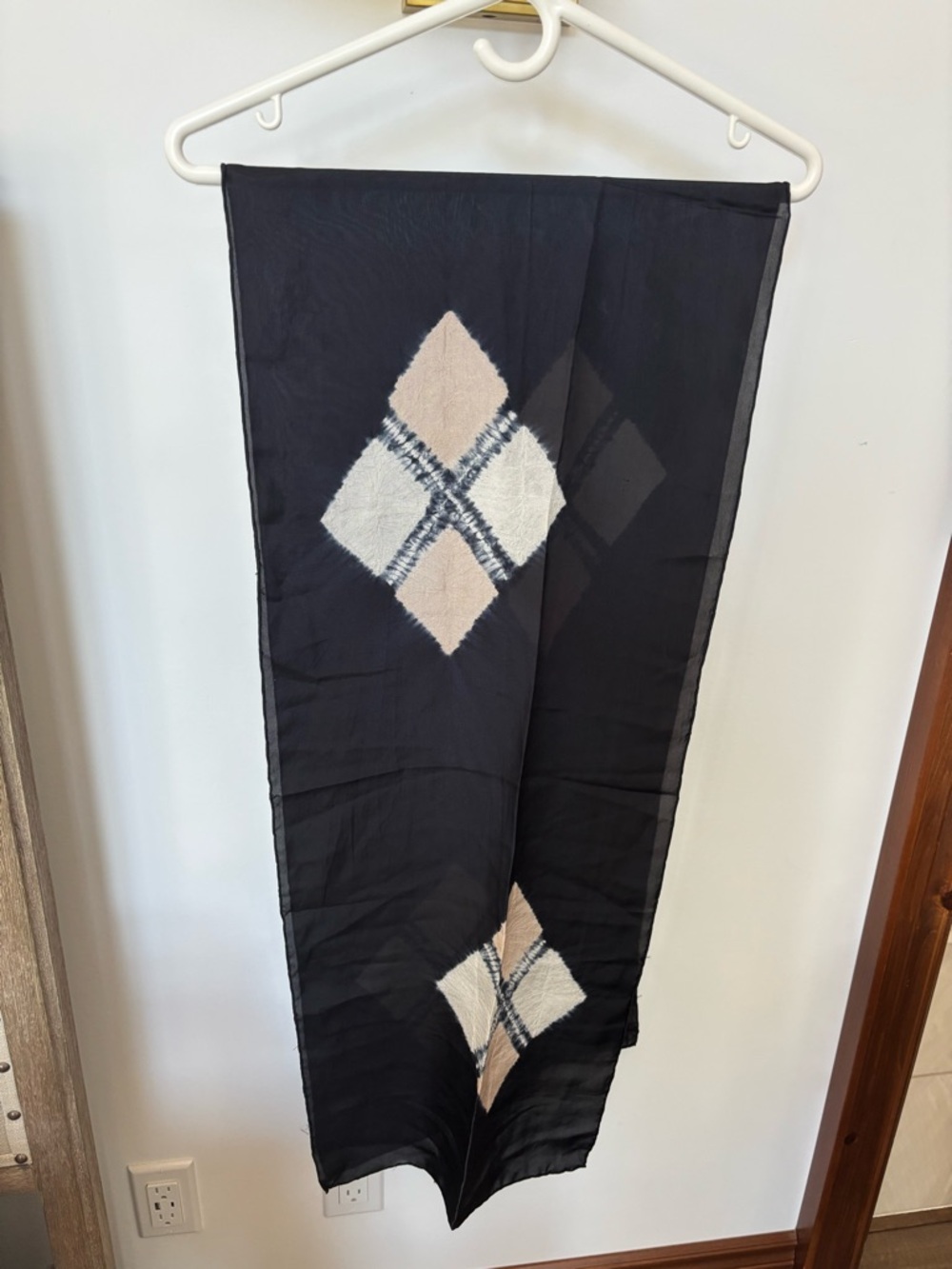 Eileen Fisher Black Scarf with Cream and Tan Diamond Motifs